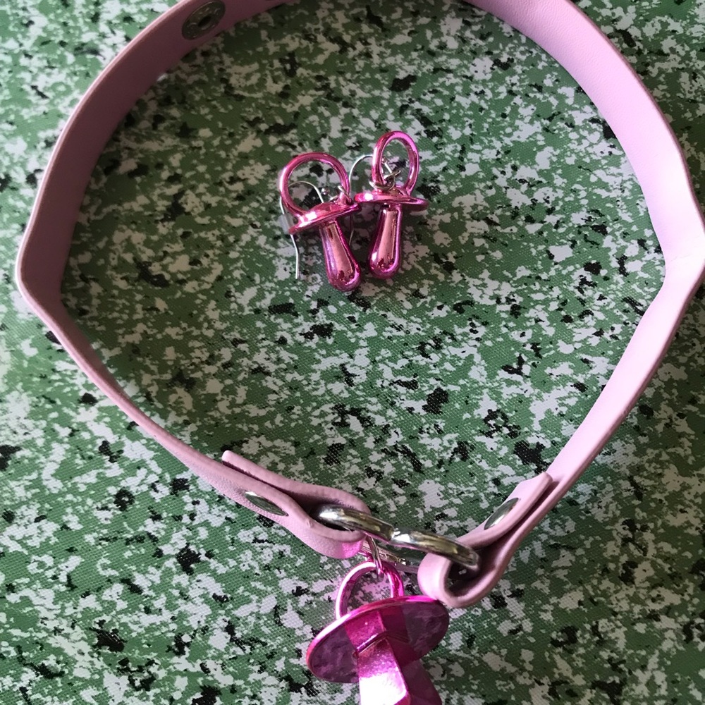 Pink pacifier necklace with matching pacifier earrings